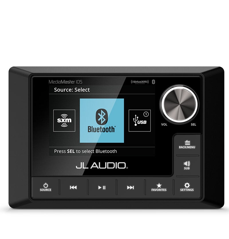 JL Audio MM105-HR marine stereos and source units for boat audio control and Bluetooth sound, waterproof marine audio upgrade available across the USA