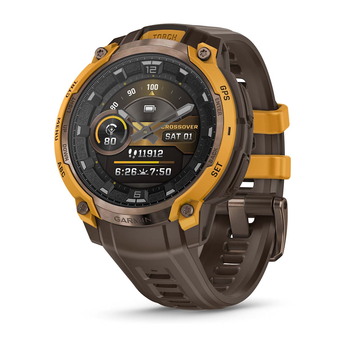 Garmin Instinct Crossover AMOLED Bronze Sunburst rugged outdoor GPS smartwatch at Houston Car Stereo