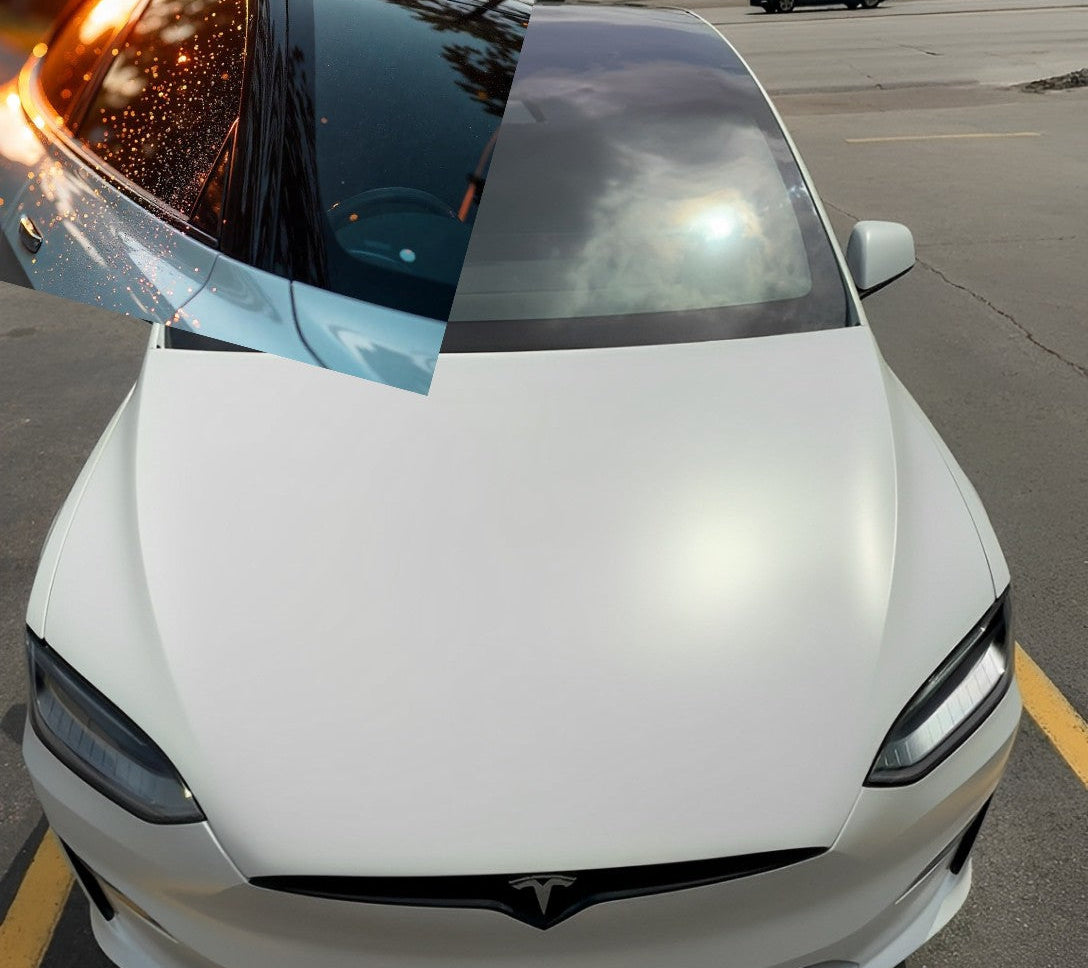 Premium ceramic windshield tint and window tint installation on a Tesla Model S in Houston. Best Matte PPF near me in Houston Texas