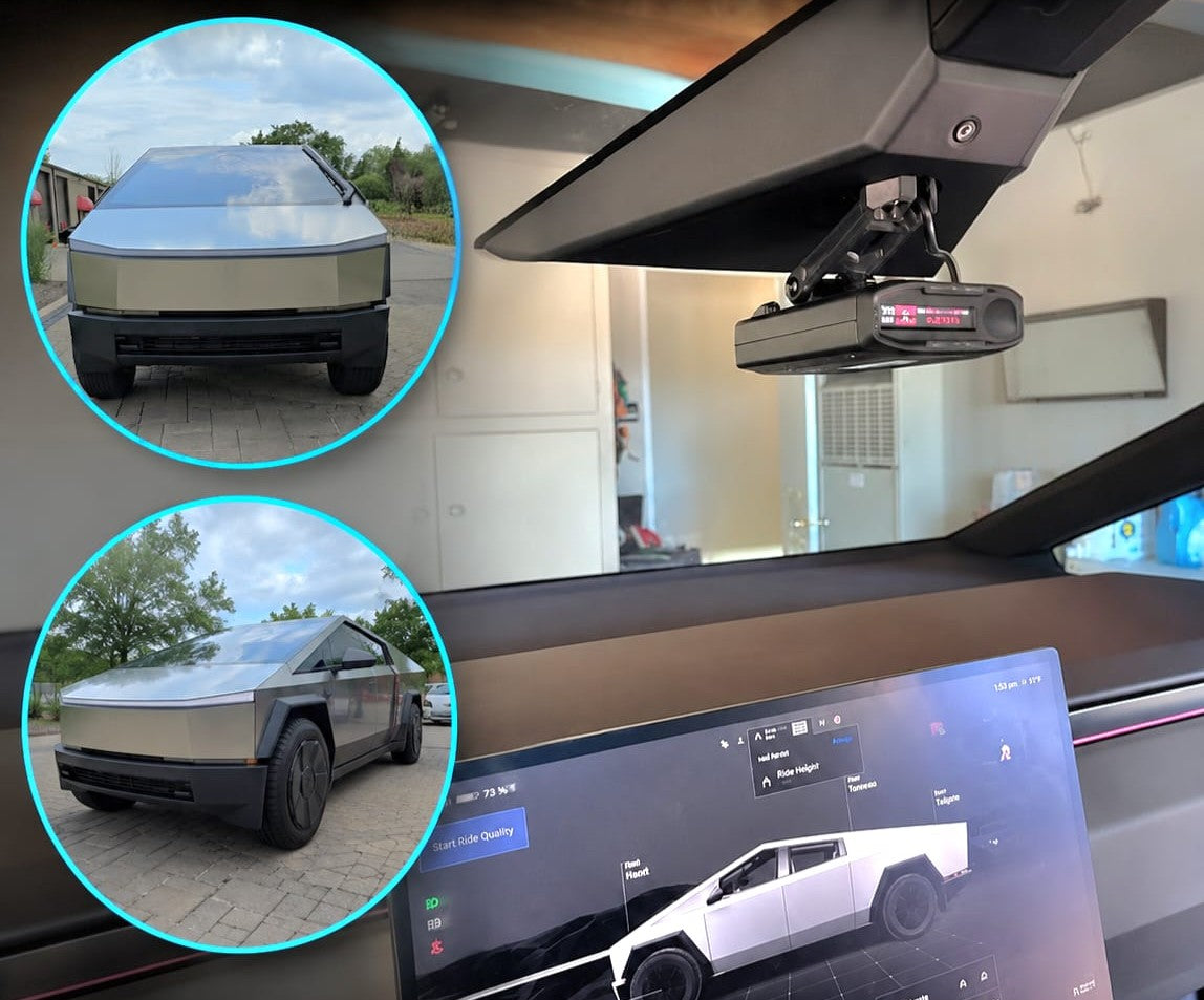 Custom radar detector installation on a Tesla Cybertruck by Houston Car Stereo in Houston, TX. Clean hardwired radar detector mounting with integrated wiring for a factory-style finish. Professional Escort radar detector installation for Tesla, luxury cars, performance vehicles, trucks, and SUVs serving Houston, River Oaks, Memorial, West University, The Woodlands, and surrounding areas.
