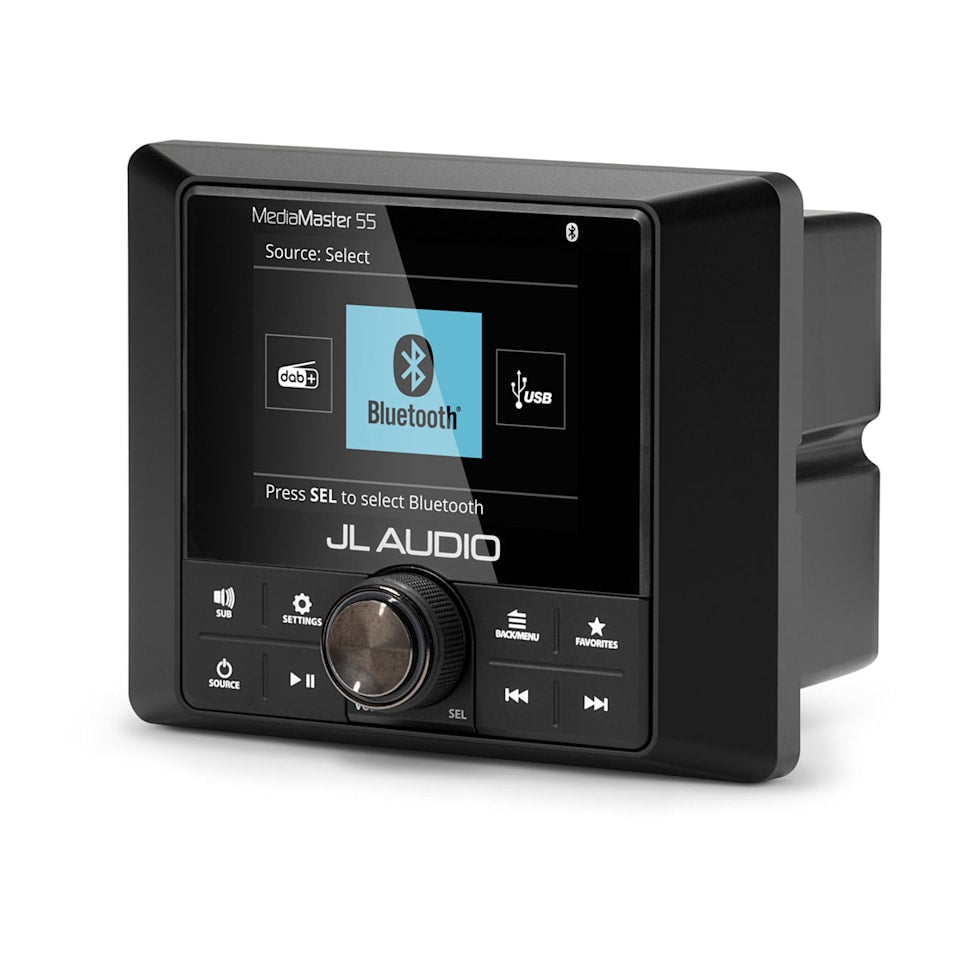 JL Audio MM55 marine stereos and source units for boat audio control and Bluetooth sound, waterproof marine audio upgrade available across the USA