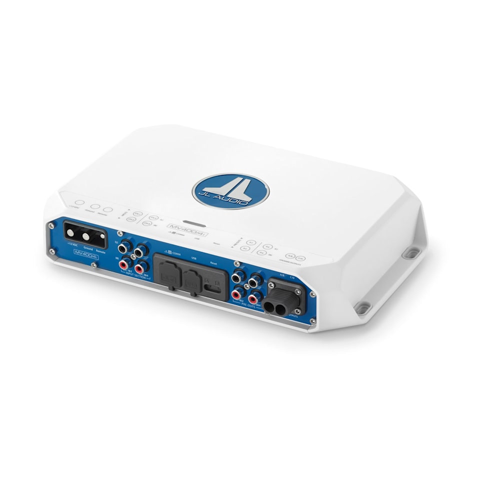 JL Audio MV400/4i marine amplifiers for powerful boat audio systems and clean sound output, waterproof marine audio upgrade available across the USA