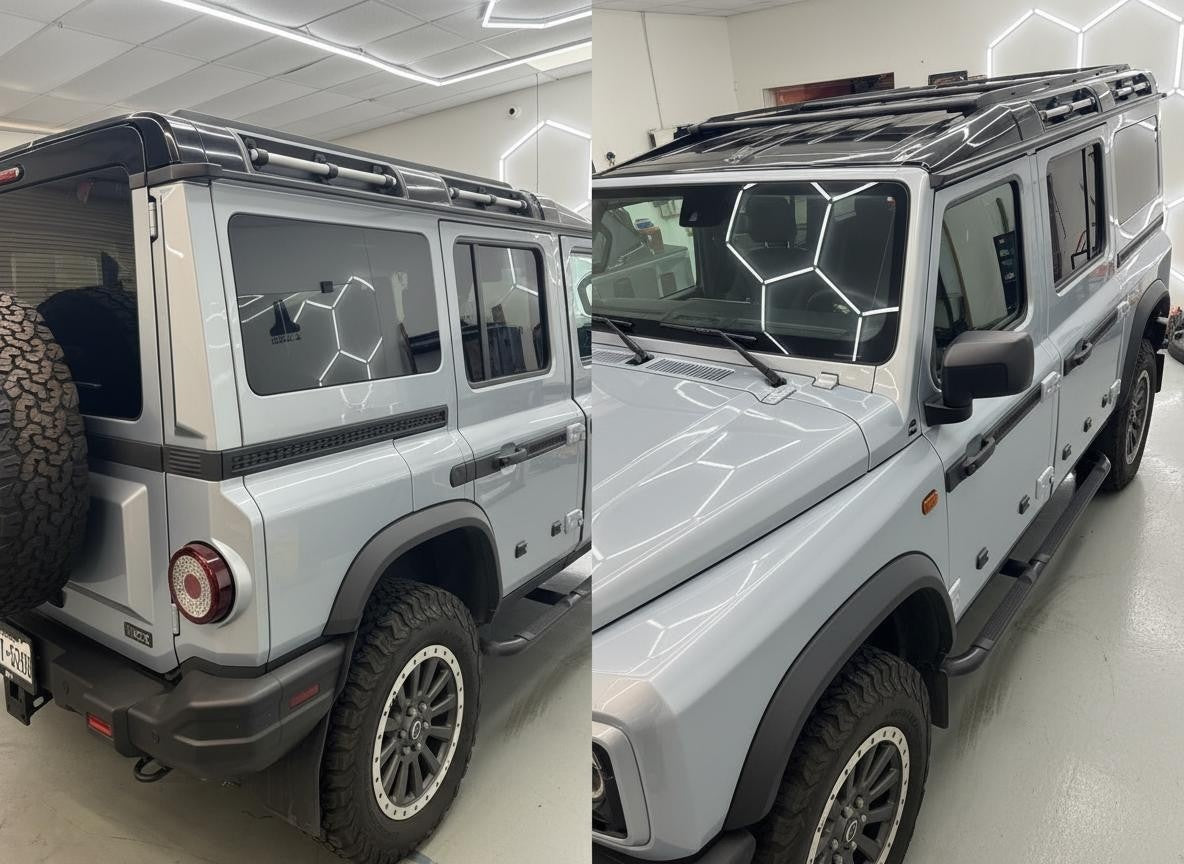 SUV professionally tinted with high-grade ceramic window film and PPF Wrap Installation at Houston Car Stereo. Clean shop environment and LED lighting showcase precision tint work and attention to detail.