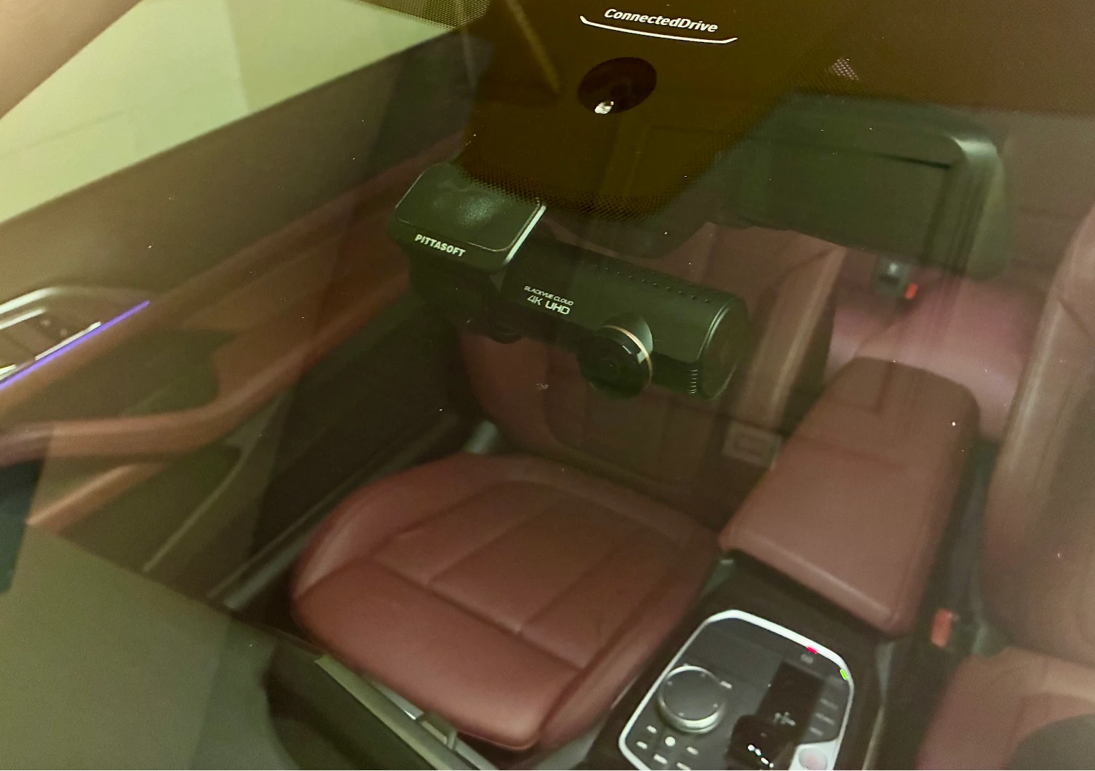 Professional BlackVue 4K dual-channel dashcam installed on a BMW windshield at Houston Car Stereo. Clean OEM positioning, hidden wiring, and full front/rear recording.