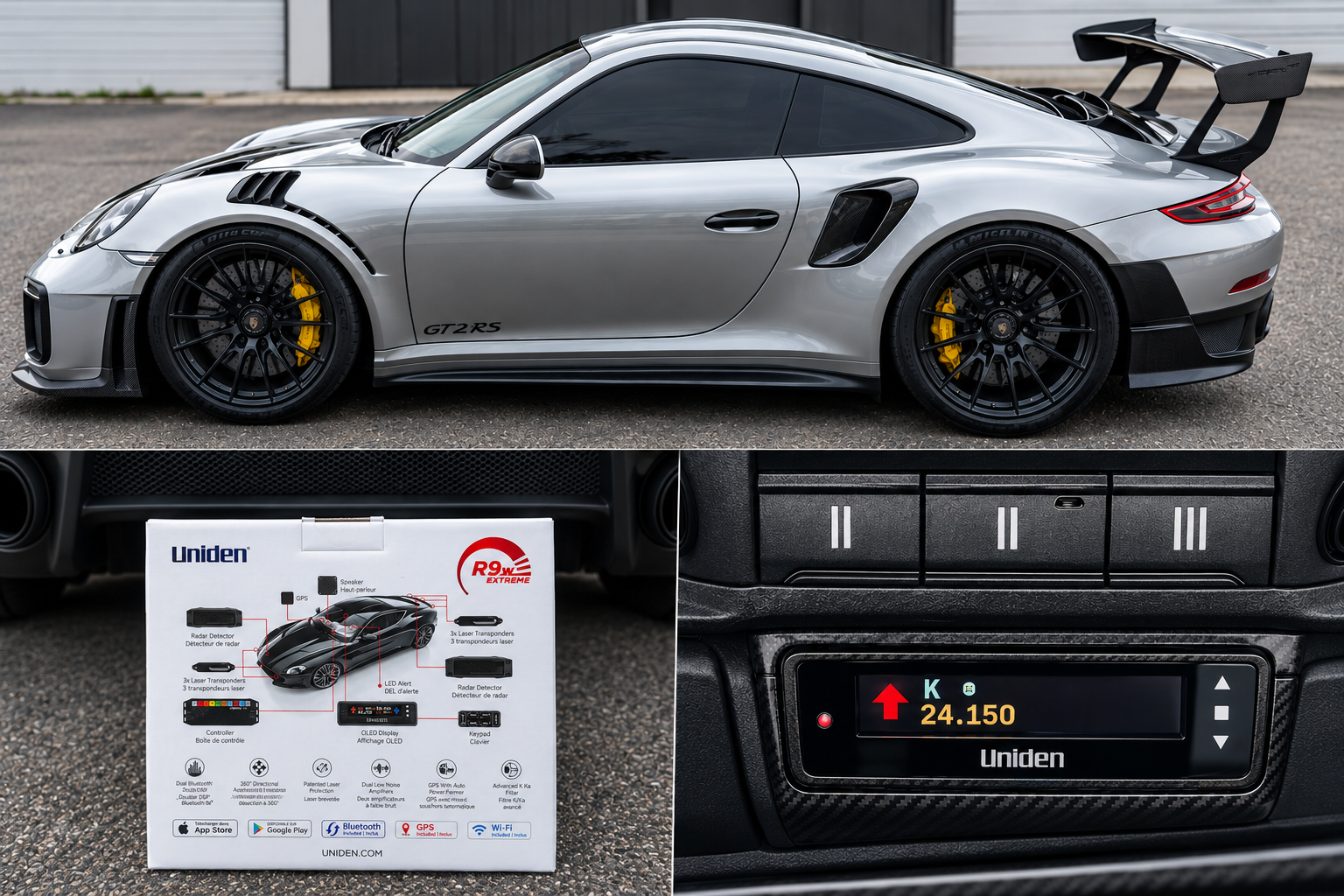 Professional Uniden R9 radar detector installation on a Porsche GT2 RS at Houston Car Stereo Hillcroft, featuring premium hardware, clean display integration and a factory-style finish.