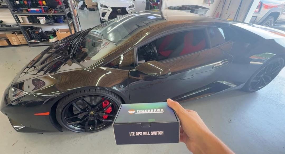 Trackhawk GPS kill switch installed on a Lamborghini Huracan at Houston Car Stereo in Houston, TX.  Lamborghini Huracan vehicle-security upgrade with Trackhawk GPS kill switch installation at Houston Car Stereo.